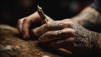 hand målad henna tatuering pryder kvinna ärm genererad förbi ai foto