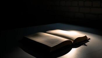 gammal bibel tänds mörk bibliotek med visdom genererad förbi ai foto