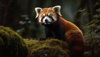 fluffig röd panda Sammanträde på träd gren genererad förbi ai foto