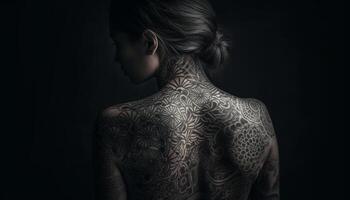 naken skönhet, elegans, och sensualitet i tatuering genererad förbi ai foto