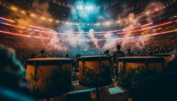 nattetid konsert, musiker spela till upphetsad folkmassan genererad förbi ai foto