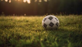 grön gräs, gul boll, fotboll Framgång symbol genererad förbi ai foto