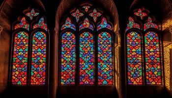 färgade glas fönster i gotik kloster tänds vibrerande religiös historia genererad förbi ai foto