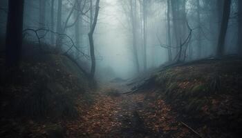 läskigt skog mysterium gående på en mörk gångstig i höst genererad förbi ai foto