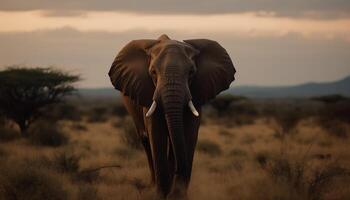afrikansk elefant gående i de vildmark på soluppgång betning lugnt genererad förbi ai foto