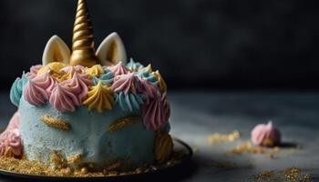 vispad grädde glasyr på mång färgad cupcake, perfekt för firande genererad förbi ai foto