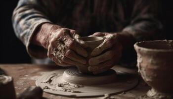 hantverkare vändning våt lera på krukmakeri hjul, skapande hemlagad keramik genererad förbi ai foto