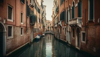 venetian gondoljär rader genom majestätisk solnedgång kanal genererad förbi ai foto