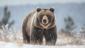 majestätisk stor däggdjur gående i snöig skog generativ ai foto