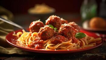 färsk hemlagad bolognese pasta med parmesan ost genererad förbi ai foto