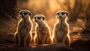 små meerkat familj Sammanträde, tittar på natur skönhet genererad förbi ai foto