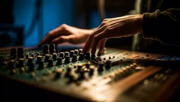 expert- musiker justeras ljud mixer i inspelning studio genererad förbi ai foto