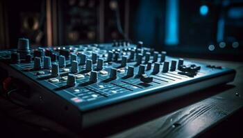 ljud ingenjör justeras mixer knoppar i nattklubb prestanda genererad förbi ai foto