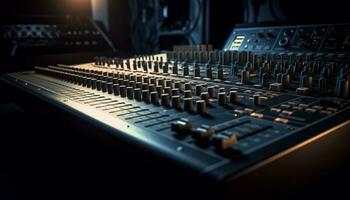 elektrisk mixer knopp justerar ljud nivåer i studio genererad förbi ai foto