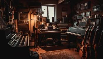 piano nyckel, gitarr sträng, musiker kreativitet genererad förbi ai foto