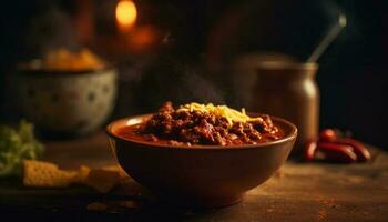 nyligen kokta nötkött med chili peppar krydda genererad förbi ai foto