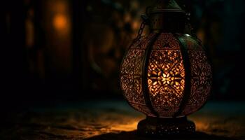 upplyst lyktor smycka de natt av ramadan genererad förbi ai foto