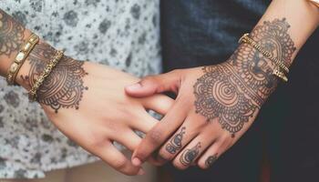 två ung vuxna innehav händer, visa upp deras henna tatueringar genererad förbi ai foto