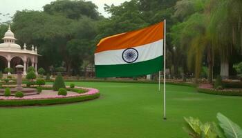 indisk flagga symboliserar patriotism och triumf på nationell landmärke golf kurs genererad förbi ai foto