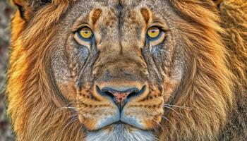 majestätisk lejon stänga upp porträtt, fokusera på hans kraftfull manen genererad förbi ai foto