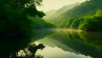 lugn scen av berg reflexion i damm, omgiven förbi skog genererad förbi ai foto