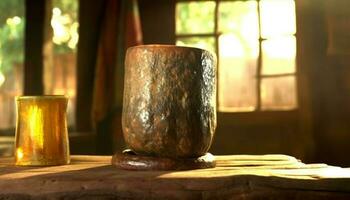 rustik krukmakeri skål innehar vin i gammal fashioned inhemsk rum genererad förbi ai foto