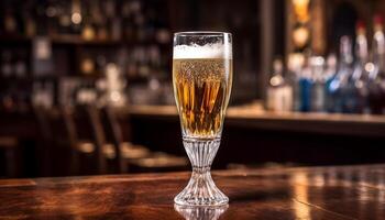 skummig öl i guld halvliter glas på trä- bar disken genererad förbi ai foto