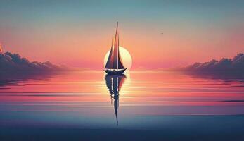 solnedgång över nautisk fartyg, lugn segling reflexion ,generativ ai foto