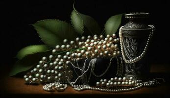 pärla Smycken prydnad på antik trä bakgrund genererad förbi ai foto