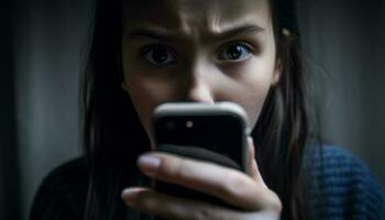 ung vuxen kvinna ler, textning på telefon inomhus genererad förbi ai foto
