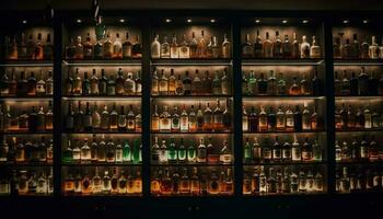 mörk källare samling whisky, vin, öl flaskor genererad förbi ai foto