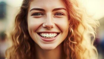 skön kvinna med en toothy leende åtnjuter sommar genererad förbi ai foto