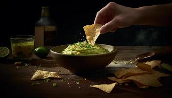 färsk guacamole dopp med knaprig tortilla pommes frites genererad förbi ai foto