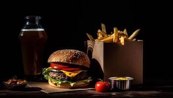 grillad hamburgare, pommes frites, och cola för lunch genererad förbi ai foto