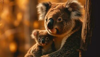 söt koala Sammanträde på eukalyptus träd gren genererad förbi ai foto