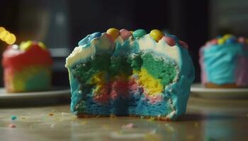 vibrerande mång färgad muffin med ljuv glasyr för födelsedag firande genererad förbi ai foto