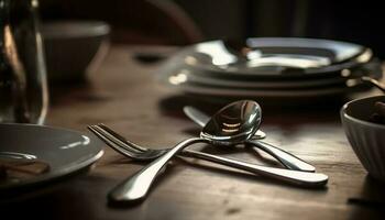 rustik elegans en modern gourmet måltid uppsättning på trä- tabell genererad förbi ai foto