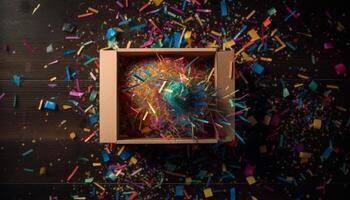 ny år firande exploderande fyrverkeri, faller konfetti, lysande kaos genererad förbi ai foto