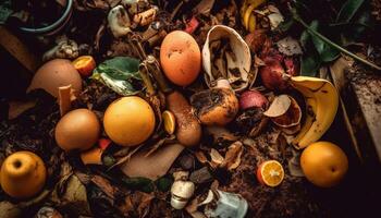 höst skörda skål organisk grönsaker, frukter, och djur- ägg dekoration genererad förbi ai foto