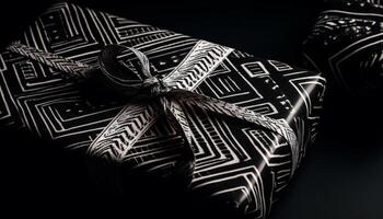 utsmyckad svart och vit randig gåva insvept i skinande silke genererad förbi ai foto