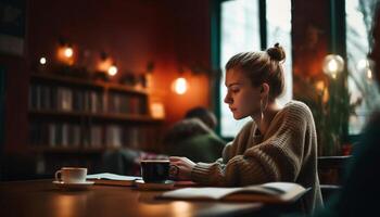 en ung kvinna åtnjuter en kaffe ha sönder medan studerar litteratur genererad förbi ai foto