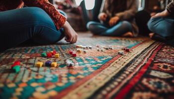 en grupp av vänner spelar spel på mång färgad matta tillsammans genererad förbi ai foto