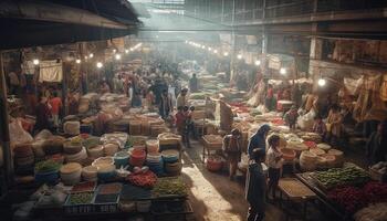 öst asiatisk Säljare säljer färsk mat i fullt med folk gata marknadsföra genererad förbi ai foto