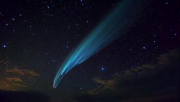 natt himmel glöder med stjärna spår, nebulosa, och galax spiral genererad förbi ai foto