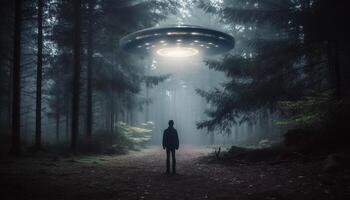 ett person gående i en läskigt skog möten ett utomjording genererad förbi ai foto