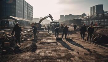 silhuetter av konstruktion arbetare bygga skyskrapor i de stad gator genererad förbi ai foto