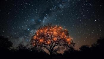 mjölkig sätt tänds majestätisk natt himmel, kretsande satellit i bakgrund genererad förbi ai foto