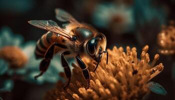 en små, fluffig bi med randig vingar pollinerar en blå blomma genererad förbi ai foto