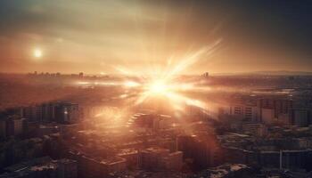 de upplyst skyskrapor skapa en panorama- stadsbild på skymning genererad förbi ai foto