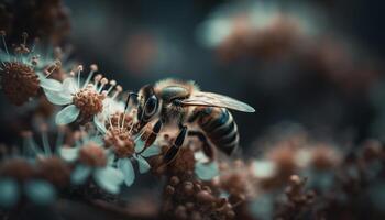 upptagen honung bi plockning upp pollen från gul blomma utomhus genererad förbi ai foto